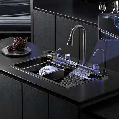 5 Button Piano Kitchen Sink with Waterfall Faucet & Digital Display – 30x18 Inch JKS01003