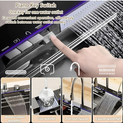 5 Button Piano Kitchen Sink with Waterfall Faucet & Digital Display – 30x18 Inch JKS01003