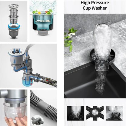 Handmade Kitchen Sink with Waterfall Faucet Full Set – Black 30x18x9 Inch JKS01007