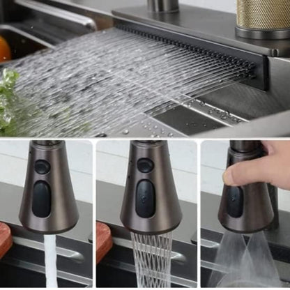Handmade Kitchen Sink with Waterfall Faucet Full Set – Black 30x18x9 Inch JKS01007
