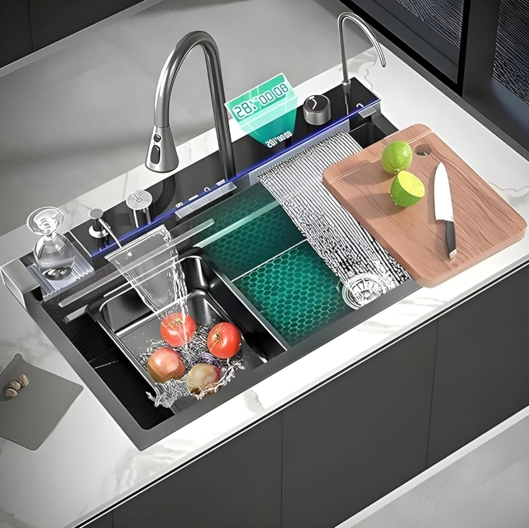5 Button Piano Kitchen Sink with Waterfall Faucet & Digital Display – 30x18 Inch JKS01003