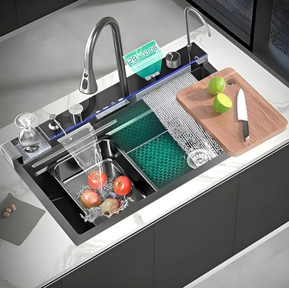 5 Button Piano Kitchen Sink with Waterfall Faucet & Digital Display – 30x18 Inch JKS01003