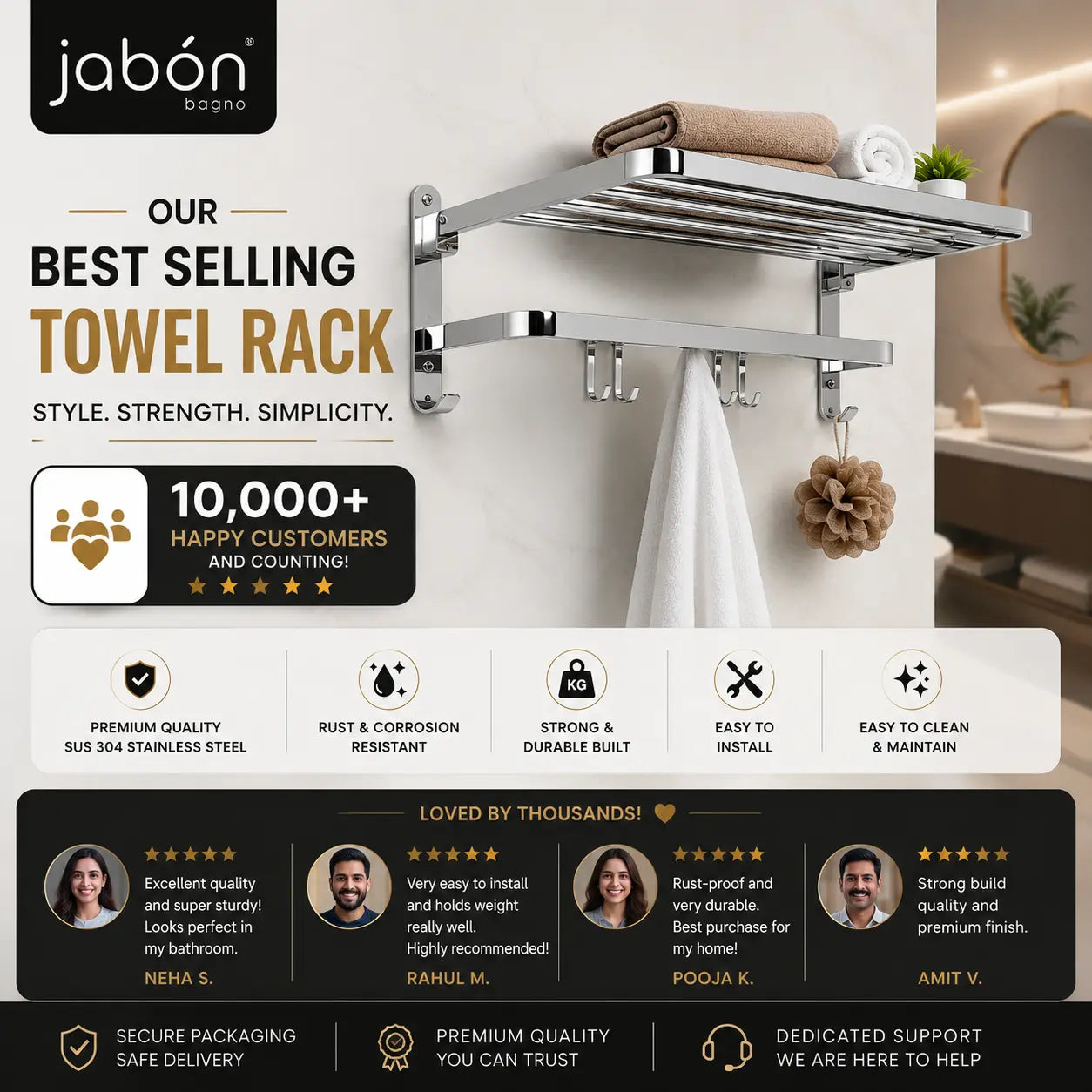 Folding Towel Rack with Adjustable Hooks – SS 304