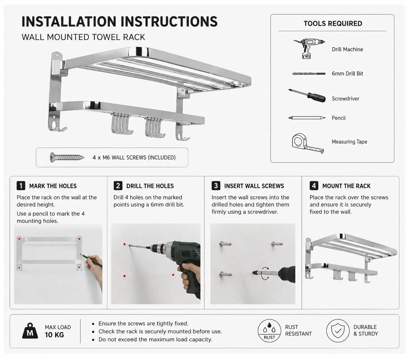 Folding Towel Rack with Adjustable Hooks – SS 304