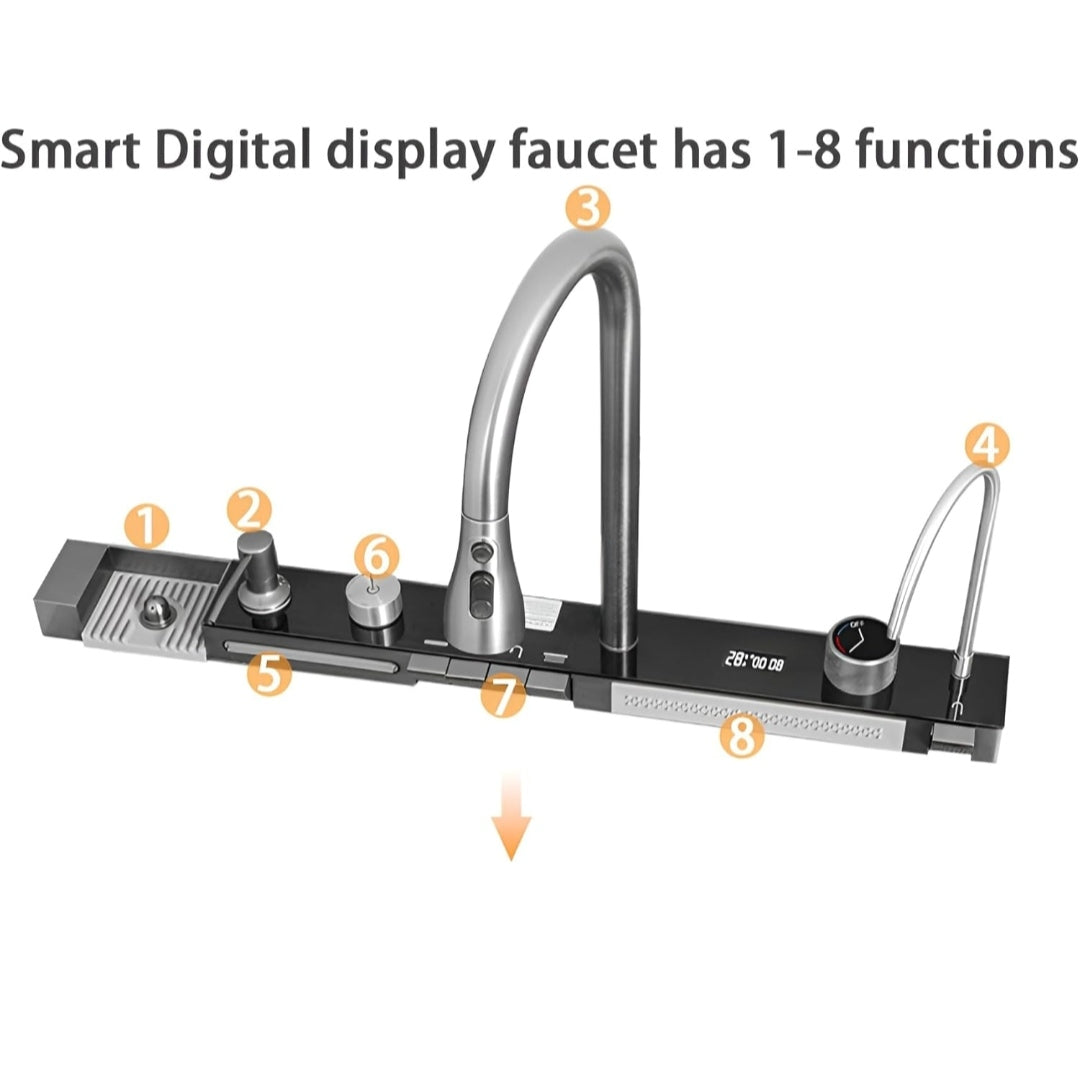 5 Button Piano Kitchen Sink with Waterfall Faucet & Digital Display – 30x18 Inch JKS01003