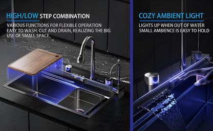 5 Button Piano Kitchen Sink with Waterfall Faucet & Digital Display – 30x18 Inch JKS01003