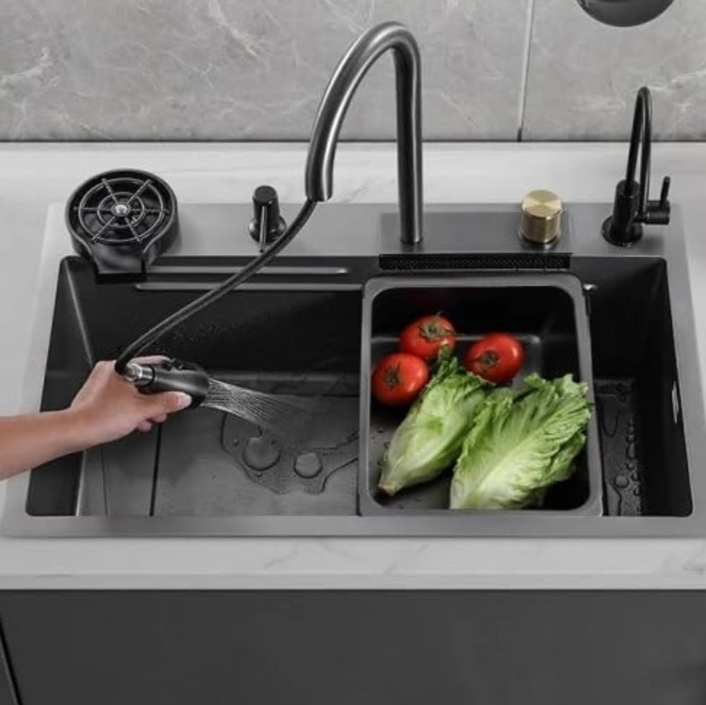 Handmade Kitchen Sink with Waterfall Faucet Full Set – Black 30x18x9 Inch JKS01007