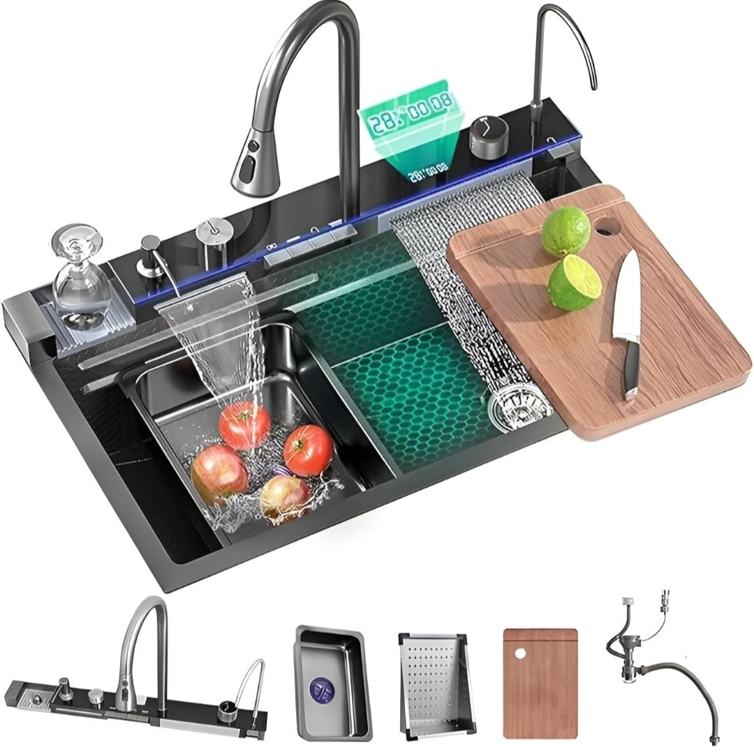 5 Button Piano Kitchen Sink with Waterfall Faucet & Digital Display – 30x18 Inch JKS01003