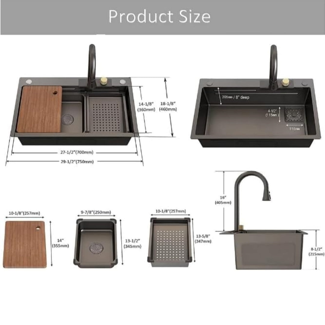 Handmade Kitchen Sink with Waterfall Faucet Full Set – Black 30x18x9 Inch JKS01007