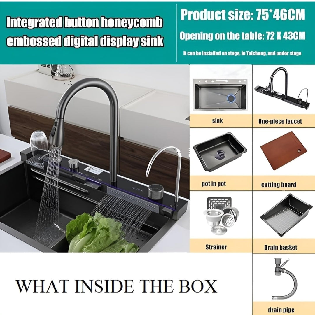 5 Button Piano Kitchen Sink with Waterfall Faucet & Digital Display – 30x18 Inch JKS01003