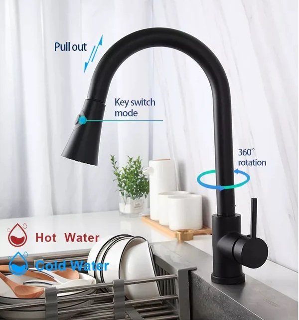 Kitchen Faucet Single Handle Pull out Kitchen Tap Single Hole 360° Rotatable Degree kitchen shower faucet Black for Hot & Cold Water