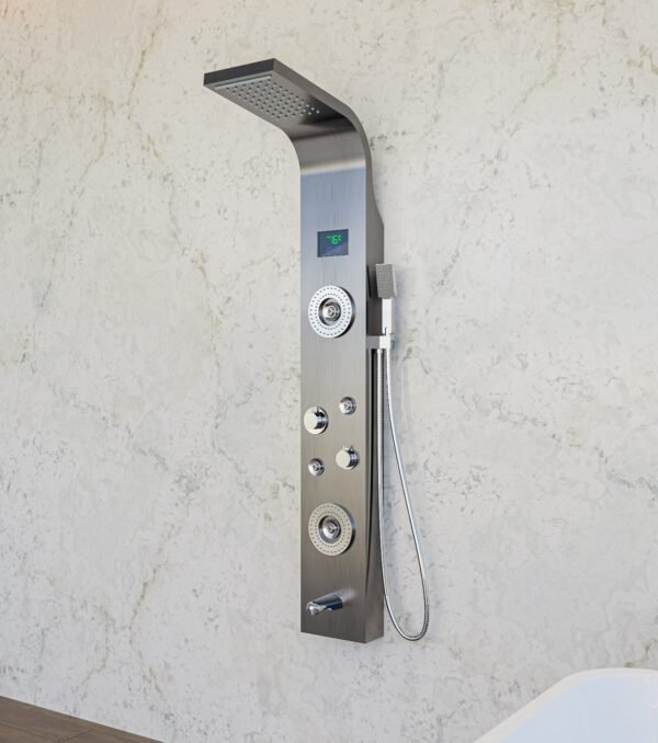 JABON Stainless Steel BLACK Shower Panel 6 in One Tower System, Rainfall Shower, Body Massage Spray, Handheld Shower, Temperature Display, Wall Mount Easy Connect Shower Panel Kit.