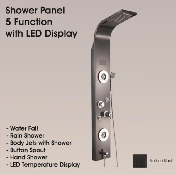 JABON Stainless Steel BLACK Shower Panel 6 in One Tower System, Rainfall Shower, Body Massage Spray, Handheld Shower, Temperature Display, Wall Mount Easy Connect Shower Panel Kit.