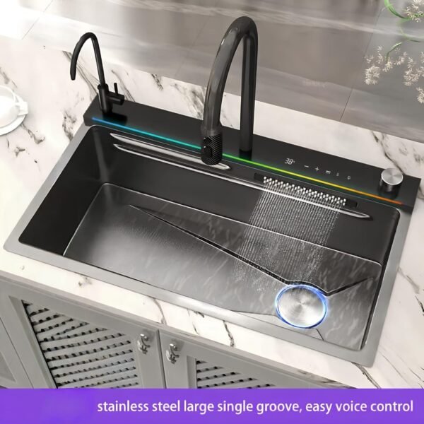 JABON Smart Kitchen Sink with AI VOICE Control Integrated Waterfall Faucets & Digital Display with LED Light - 304 Grade Stainless Steel Sink (30 x 18 Inch)