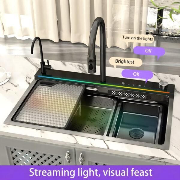 JABON Smart Kitchen Sink with AI VOICE Control Integrated Waterfall Faucets & Digital Display with LED Light - 304 Grade Stainless Steel Sink (30 x 18 Inch)