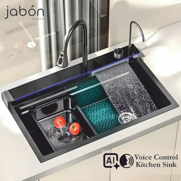 JABON Smart Kitchen Sink with AI VOICE Control Integrated Waterfall Faucets & Digital Display with LED Light - 304 Grade Stainless Steel Sink (30 x 18 Inch)