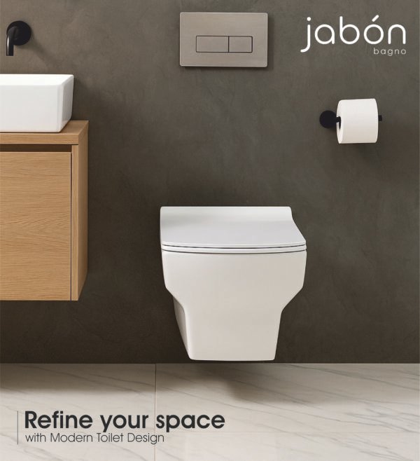 JABON BAGNO Commode for Toilet/Ceramic Western Toilet/Square Wall Hung Commode with Soft Closing Toilet Seat - P Trap Outlet - White