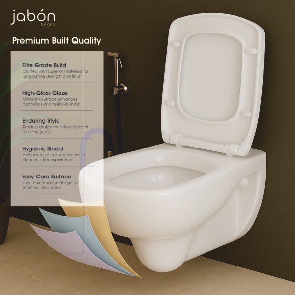 JABON BAGNO Commode for Toilet/Ceramic Western Toilet/Round Wall Hung Commode with Soft Closing Toilet Seat - P Trap Outlet - White (Rozy)
