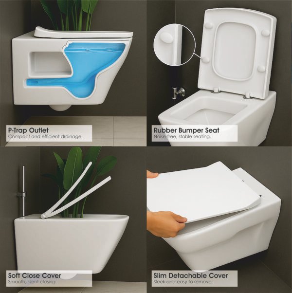 JABON BAGNO Commode for Toilet/Ceramic Western Toilet/Round Wall Hung Commode with Soft Closing Toilet Seat - P Trap Outlet - White (Rozy)