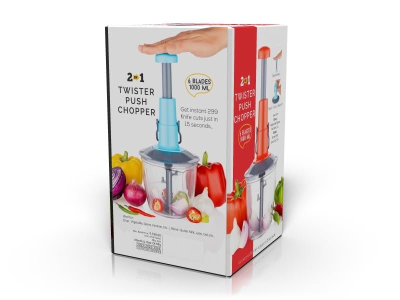JABON BAGNO 2-in-1 Food Chopper & Blender - 5 Stainless Steel Blades, 1000ml Capacity | Instant Vegetable Fruit Slicer, Manual Push Operation, Easy Clean Kitchen Tool